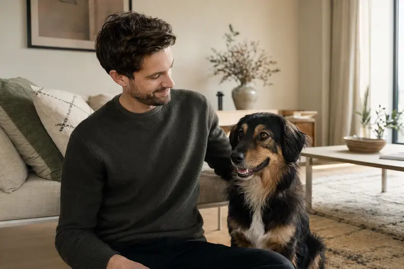Ein glücklicher Westerwälder Kuhhund sitzt entspannt neben seinem Besitzer in einer modernen Wohnung.