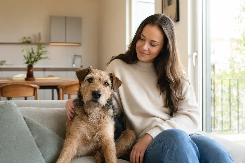 Ein glücklicher Westfalenterrier sitzt entspannt neben seinem Besitzer in einer modernen Wohnung und vermittelt Vertrauen.
