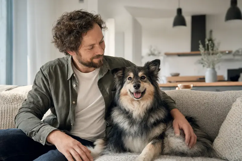Ein glücklicher Hund sitzt entspannt neben seinem Halter in einer hellen modernen Wohnung als Hero-Bild zum Thema Hundeversicherung.