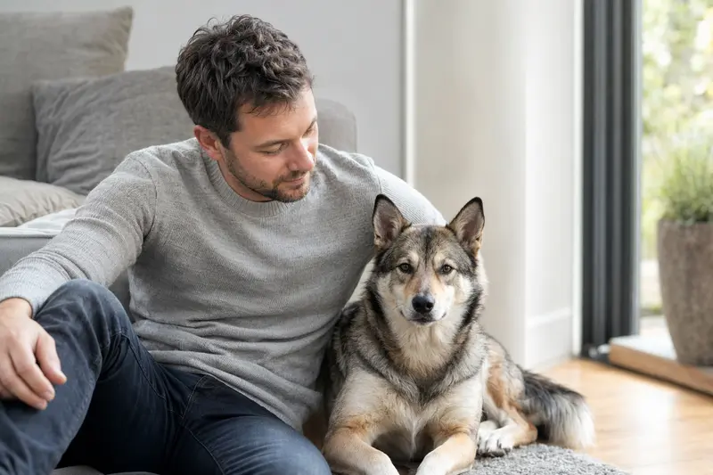 Ein glücklicher Westsibirischer Laika sitzt entspannt neben seinem Besitzer in einer modernen Wohnung.