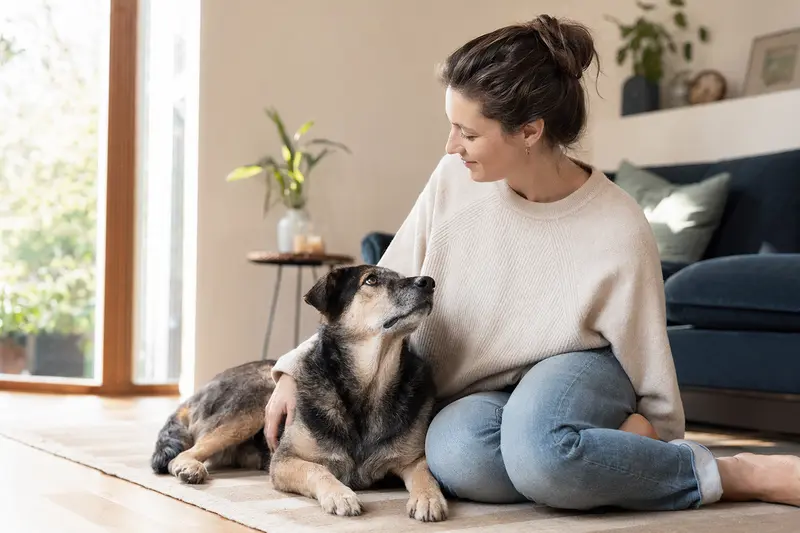 Ein glücklicher Hund sitzt entspannt neben seinem Halter in einer modernen Wohnung.