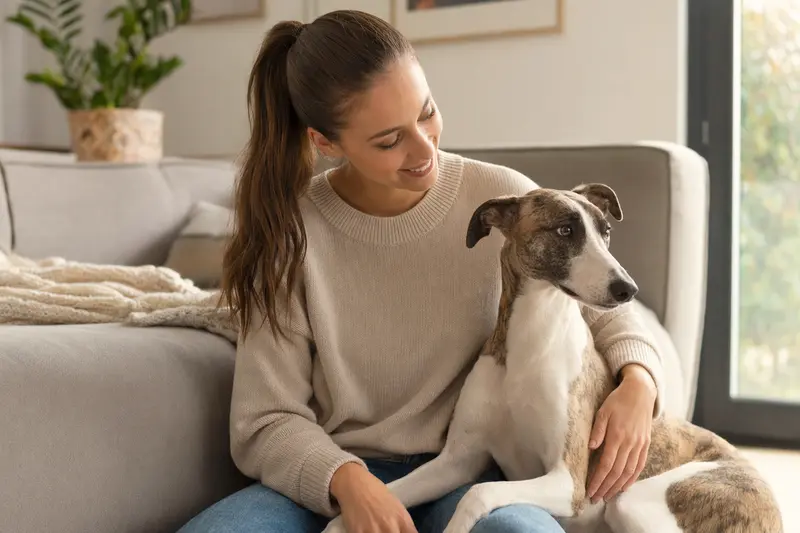 Ein entspannter Whippet sitzt daneben seinem glücklichen Besitzer in einer modernen Wohnung.