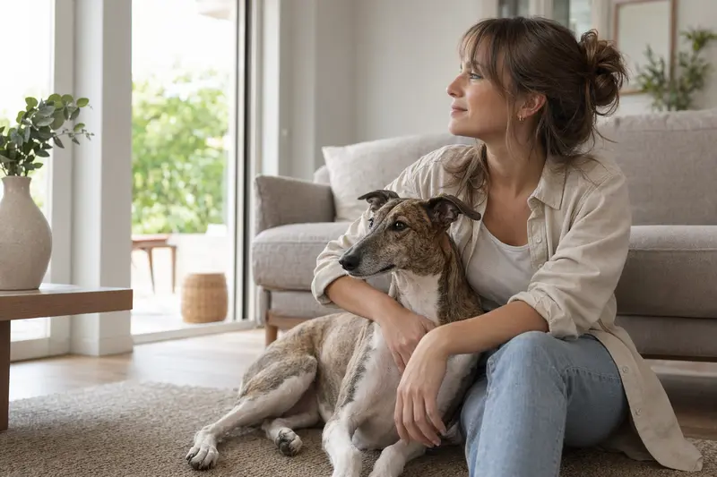 Ein glücklicher Windhund sitzt entspannt neben seinem Halter in einer hellen Wohnung und strahlt Vertrauen aus.