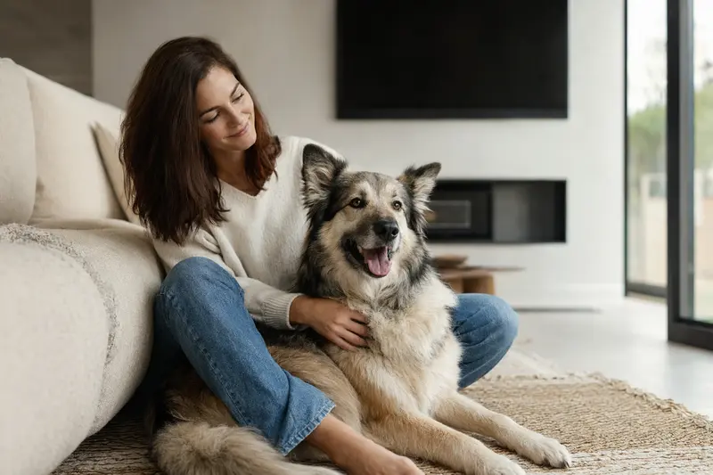 Ein glücklicher Wolfs-Chow sitzt entspannt neben seinem Besitzer in einer modernen Wohnung.