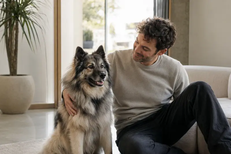 Ein freundlicher Wolfsspitz sitzt entspannt neben seinem Besitzer in einer hellen, modernen Wohnung.