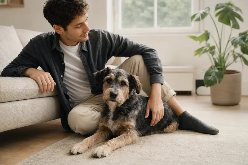 Ein entspannter und glücklicher Hund sitzt neben seinem Besitzer in einer modernen Wohnung und sorgt für eine vertrauensvolle Atmosphäre.