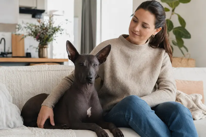 Ein gesunder Xoloitzcuintle sitzt entspannt neben seinem Halter in einer hellen Wohnung.