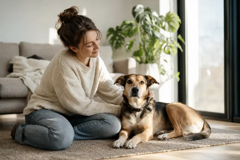 Ein glücklicher Hund sitzt entspannt neben seinem Halter in einer hellen Wohnung als vertrauensvolles Hero-Bild zur Hundeversicherung.