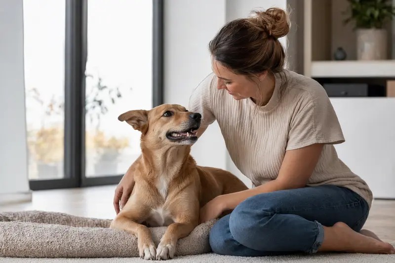 Ein glücklicher Hund sitzt entspannt neben seinem Besitzer in einer hellen Wohnung.