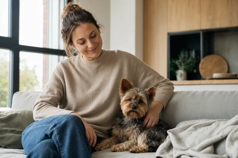 Ein glücklicher Yorkshire Terrier sitzt entspannt neben seinem Besitzer in einer modernen Wohnung.
