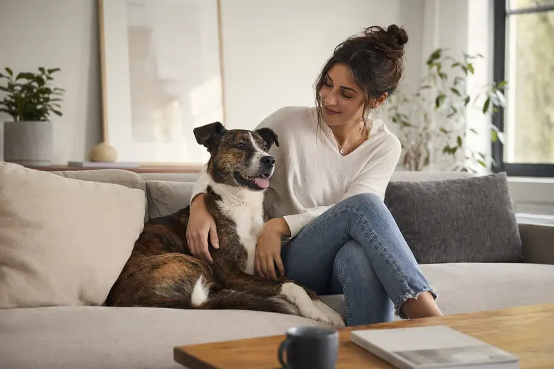 Ein entspannter und glücklicher Hund sitzt neben seinem Halter in einer modernen Wohnung.