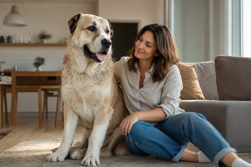 Ein freundlicher Zentralasiatischer Schäferhund sitzt entspannt neben seinem Halter in einem hellen, modernen Wohnraum.
