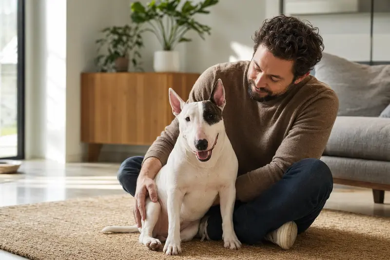 Glücklicher Zwerg Bull Terrier sitzt entspannt neben seinem Besitzer in einer hellen Wohnung – ein stimmungsvolles Bild für Hundeversicherung und Tiergesundheit.