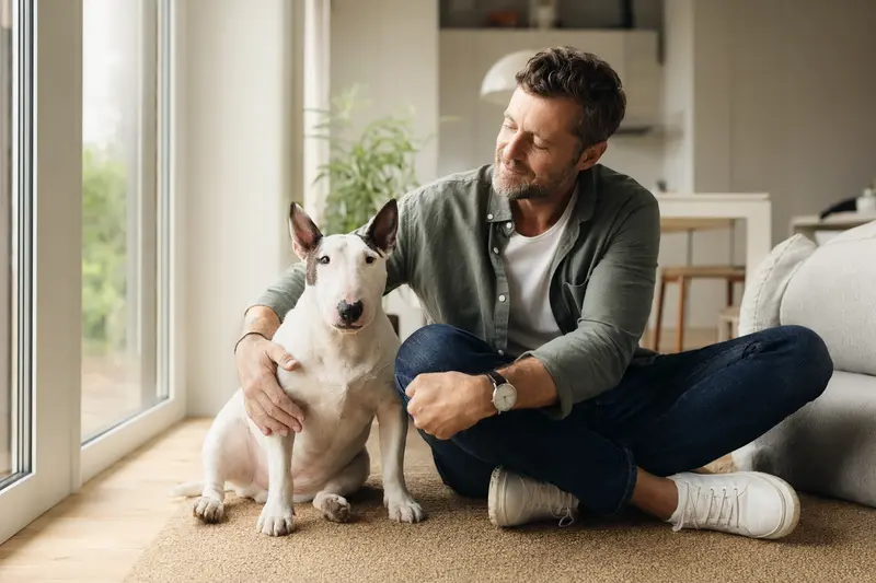 Ein glücklicher Zwerg-Bullterrier sitzt entspannt neben seinem Halter in einer modernen Wohnung.