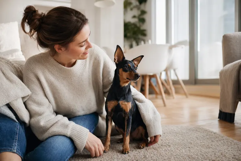 Ein Zwergpinscher sitzt entspannt neben seinem Besitzer in einer modernen Wohnung, umgeben von warmem Licht.