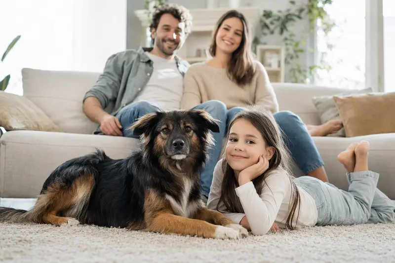 Ein Golden Retriever liegt entspannt neben einem Kind im hellen Wohnzimmer, während die Eltern im Hintergrund eine sichere Familienatmosphäre vermitteln.