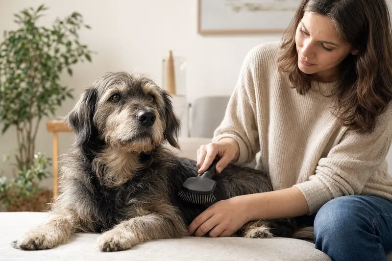 Ein Golden Retriever wird in einer hellen Wohnung sanft gebürstet, während sich der Besitzer liebevoll um die Fellpflege kümmert.