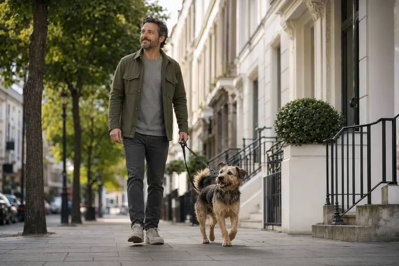 Ein Golden Retriever läuft an der Leine mit seinem Besitzer durch eine freundliche moderne Stadtstraße – ein realistisches Bild zum Thema Hundeversicherung im Alltag.