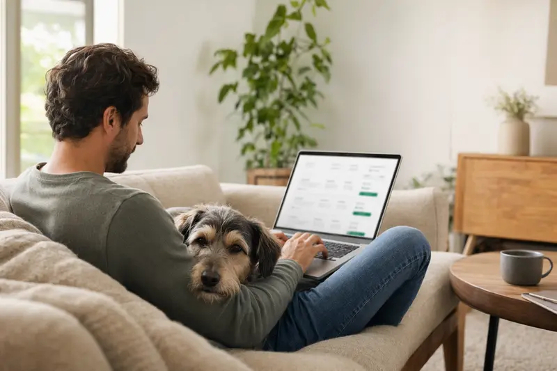 Ein Golden Retriever sitzt entspannt neben einem Besitzer, der auf einem Laptop auf dem Sofa nach Tierversicherungen sucht.