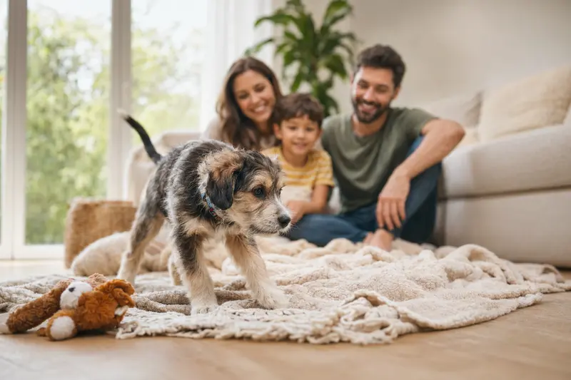 Ein neugieriger Golden Retriever Welpe erkundet sein neues Zuhause mit liebevoller Familie im Hintergrund.