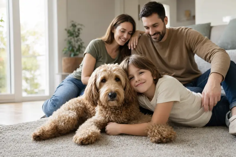 Ein freundlicher Goldendoodle liegt entspannt neben einem Kind im Wohnzimmer, während die Eltern im Hintergrund eine sichere Familienatmosphäre schaffen.