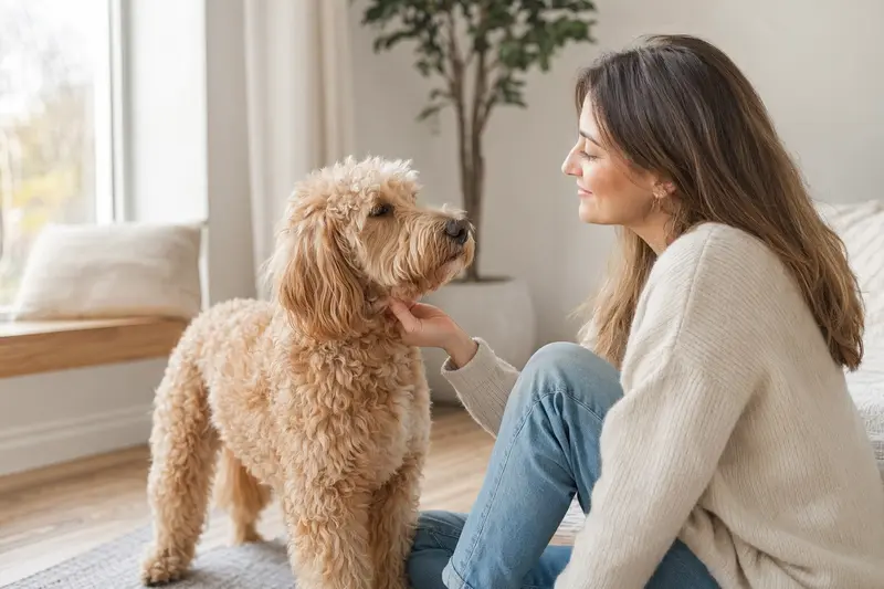 Ein aufmerksamer Goldendoodle Hund steht in natürlicher Haltung vor hellem Hintergrund und wirkt wie ein professionelles Tierportrait.