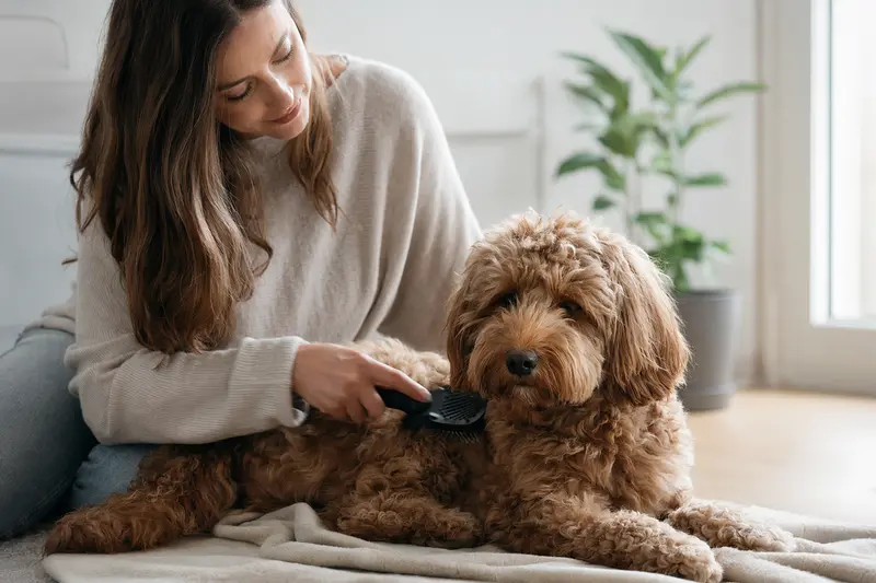 Ein Goldendoodle wird in einer hellen Wohnung sanft gebürstet, während sich der Besitzer liebevoll um die Fellpflege kümmert.