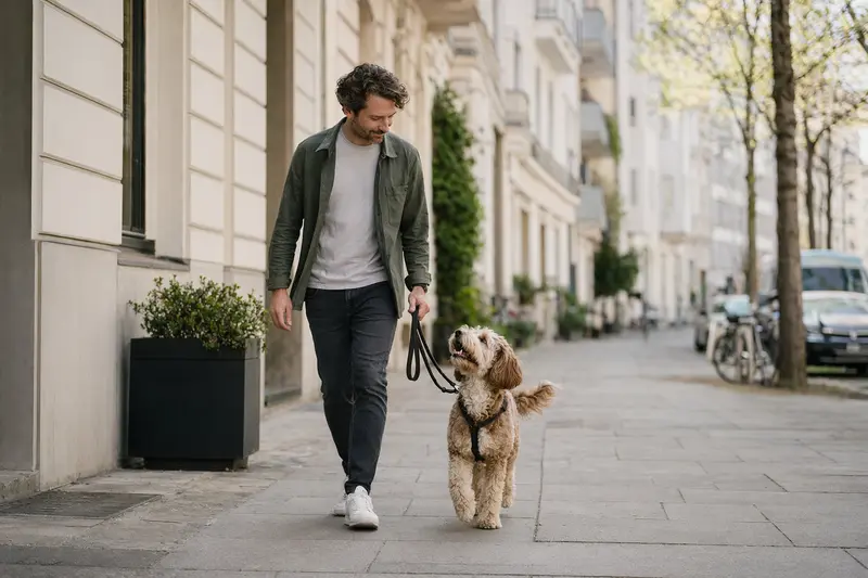 Ein Goldendoodle läuft an der Leine mit seinem Besitzer durch eine freundliche Stadtstraße.