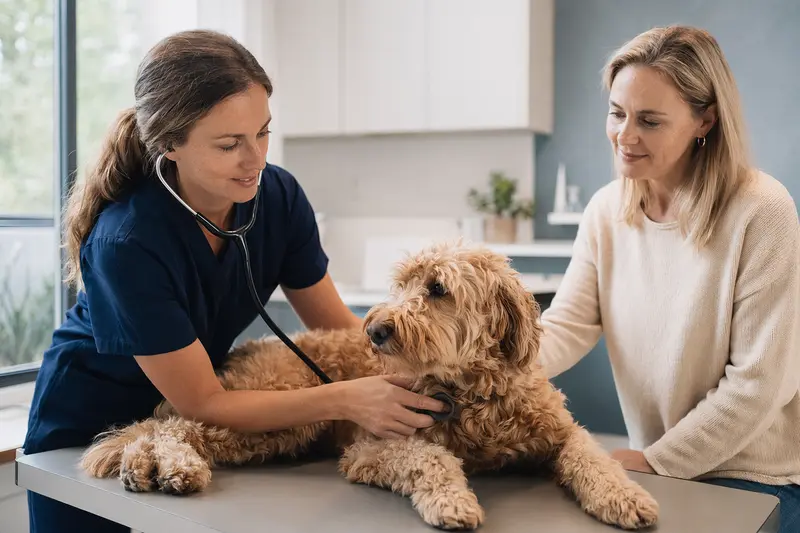 Ein freundlicher Goldendoodle Hund wird behutsam von einer Tierärztin mit einem Stethoskop auf einem Untersuchungstisch untersucht.