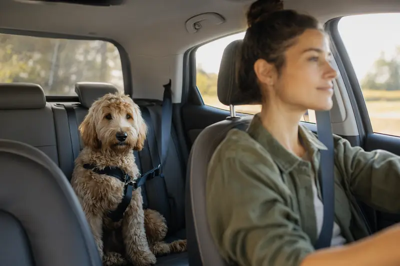 Ein Goldendoodle sitzt sicher auf der Rückbank eines Autos, während der Besitzer fährt und für Tiergesundheit sorgt.