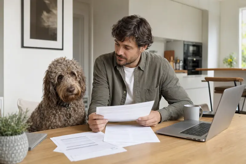 Ein Goldendoodle sitzt entspannt neben seinem Besitzer am Küchentisch, während Versicherungsunterlagen und ein Laptop für den Vergleich offen liegen.