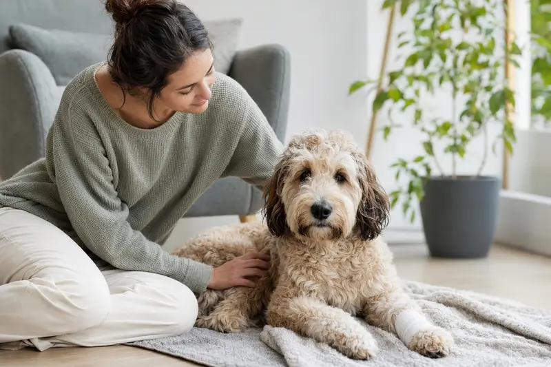 Ein entspannter Goldendoodle mit Verband an der Pfote liegt neben seinem erleichterten Besitzer auf einer Decke in einer hellen Wohnung.