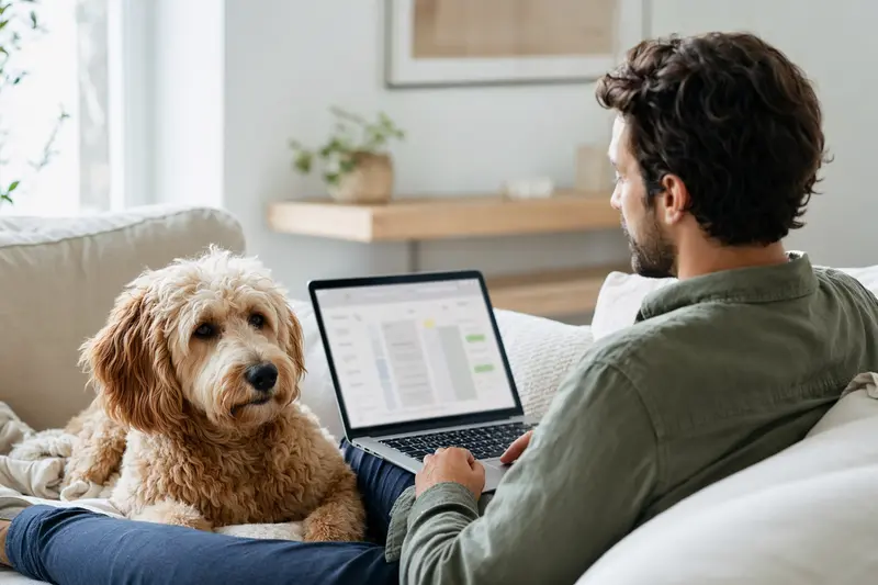 Besitzer sitzt mit Laptop auf dem Sofa neben einem Goldendoodle Hund und vergleicht Versicherungen.