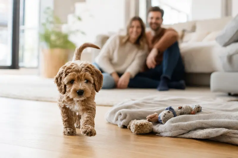 Ein neugieriger Goldendoodle Welpe erkundet sein neues Zuhause, umgeben von einer liebevollen Familie und buntem Spielzeug.