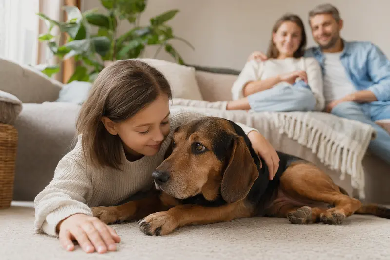 Ein freundlicher Gonczy Polski Hund liegt entspannt neben einem Kind im Wohnzimmer, während die Eltern im Hintergrund eine warme Familienszene bilden.
