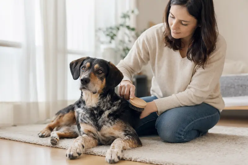 Ein Gonczy Polski Hund wird in einer hellen Wohnung sanft gebürstet, während sich sein Besitzer liebevoll um die Fellpflege kümmert.