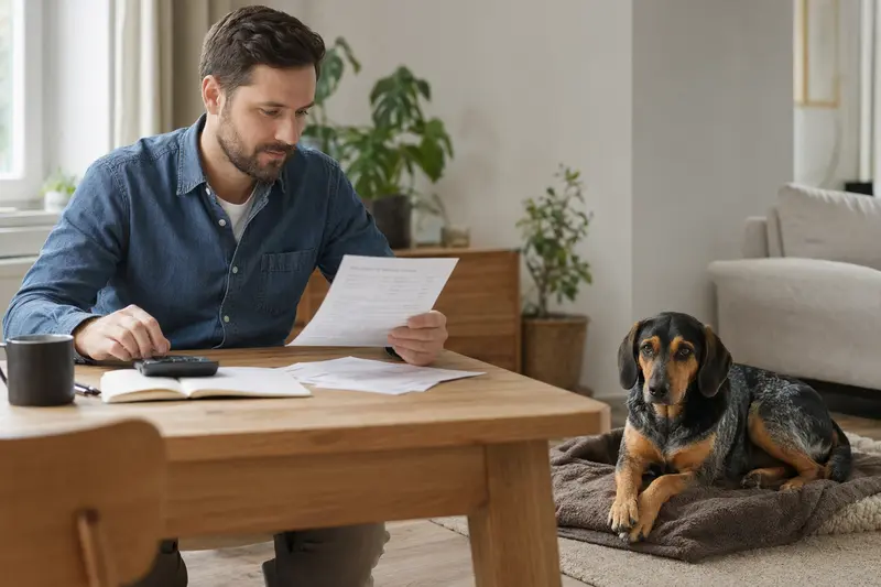 Ein Hundebesitzer sitzt mit einer Tierarztrechnung am Tisch, während sein ruhiger Gonczy Polski entspannt auf einer Decke liegt und das Thema Tierarztkosten und Hundekrankenversicherung im Alltag veranschaulicht.