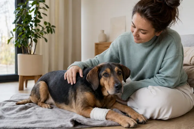 Ein Gonczy Polski Hund mit leichtem Verband an der Pfote liegt ruhig auf einer Decke, während sein Besitzer erleichtert neben ihm sitzt.