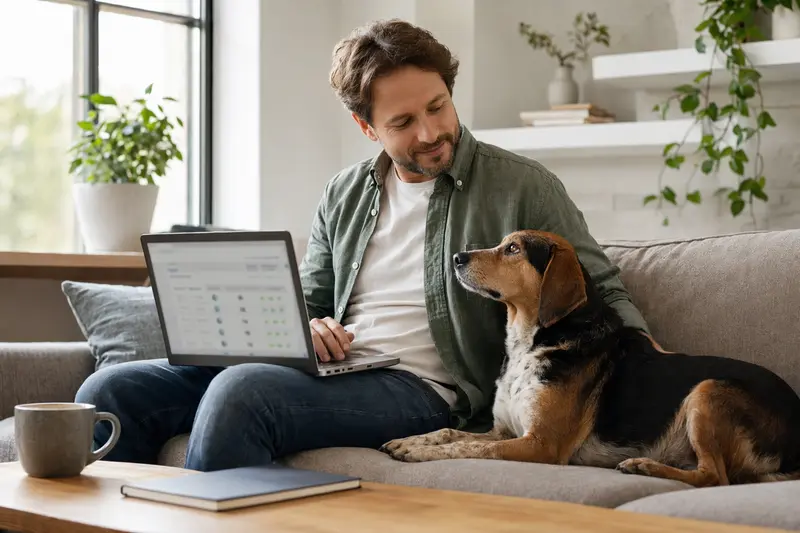 Ein Hundebesitzer mit einem Gonczy Polski sitzt auf dem Sofa und vergleicht Versicherungen am Laptop.