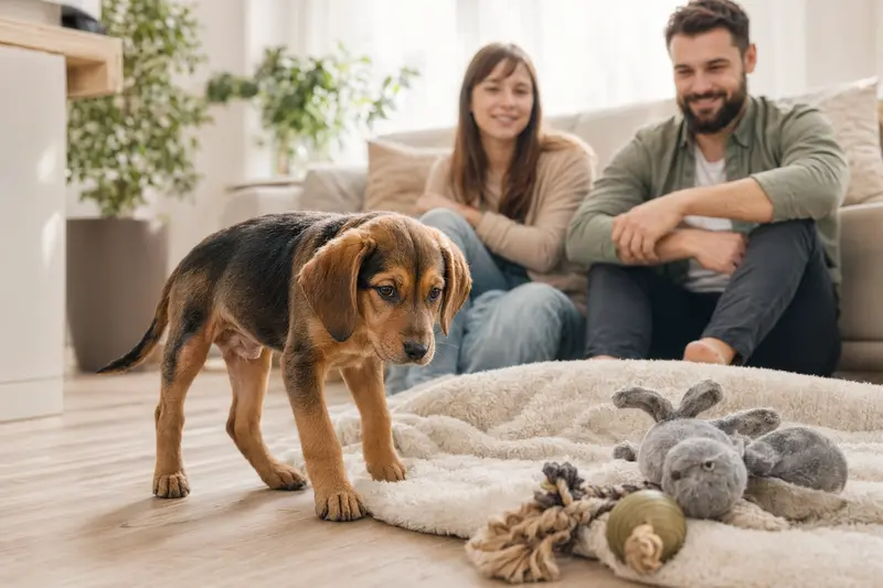 Neugieriger Gonczy Polski Welpe erkundet sein neues Zuhause mit Spielzeug und weicher Decke.