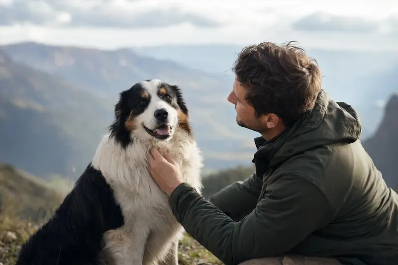 Ein aufmerksamer Goralenhund steht in natürlicher Haltung vor hellem neutralem Hintergrund.
