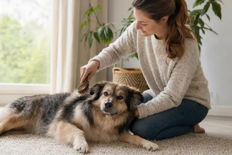 Ein Goralenhund wird in einer hellen Wohnung liebevoll gebürstet und gepflegt, während der Besitzer auf Gesundheit und Fellpflege achtet.
