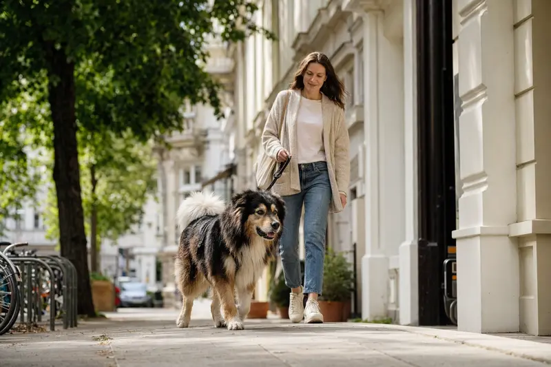 Ein Goralenhund läuft an der Leine mit seinem Besitzer durch eine moderne Stadtstraße.