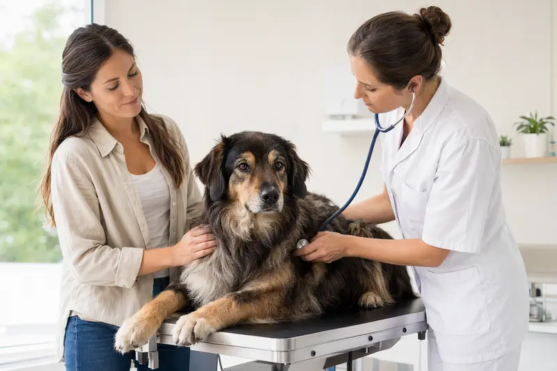 Ein ruhiger Goralenhund bekommt in einer modernen Tierarztpraxis von einer freundlichen Tierärztin mit Stethoskop eine sorgfältige Untersuchung.