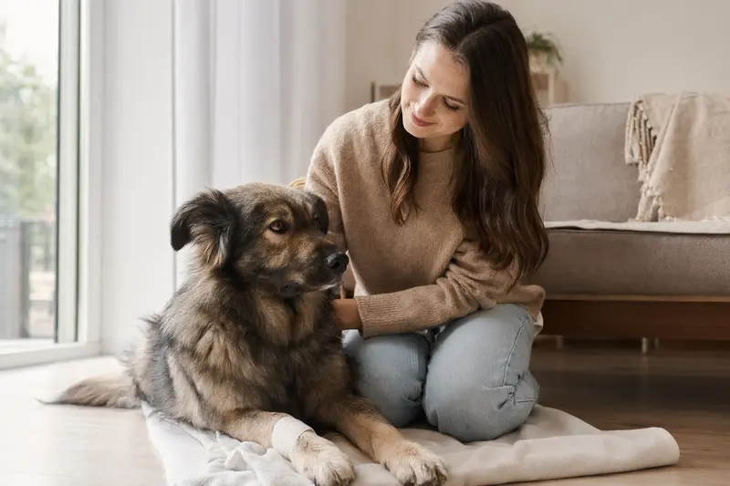 Ein Goralenhund mit leichtem Verband an der Pfote liegt entspannt neben seinem erleichterten Besitzer auf einer Decke.