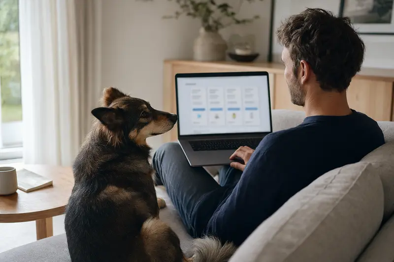 Ein Hundebesitzer sitzt auf dem Sofa mit einem Goralenhund und arbeitet am Laptop, während er einen Versicherungsvergleich betrachtet.