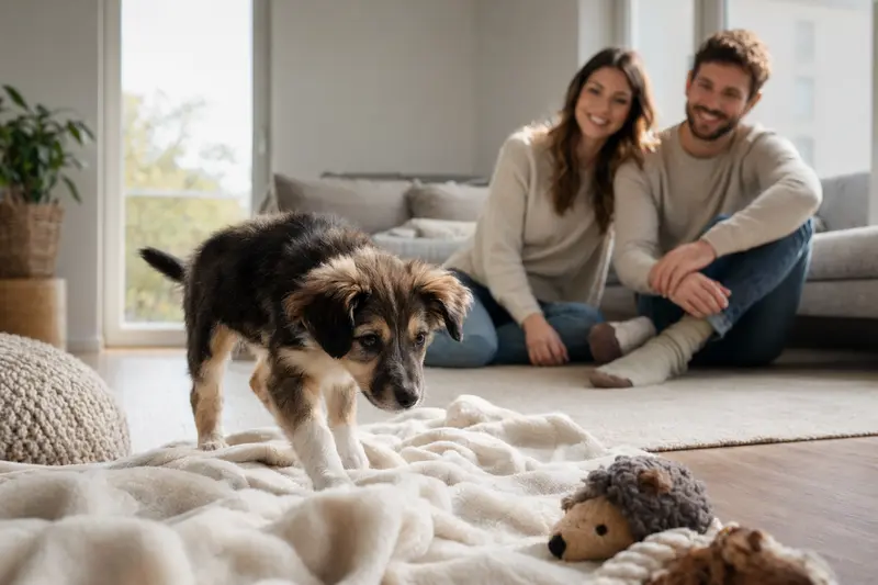 Ein neugieriger Goralenhund Welpe erkundet sein neues Zuhause mit weicher Decke und Spielzeug, während eine liebevolle Familie im Hintergrund zu sehen ist.