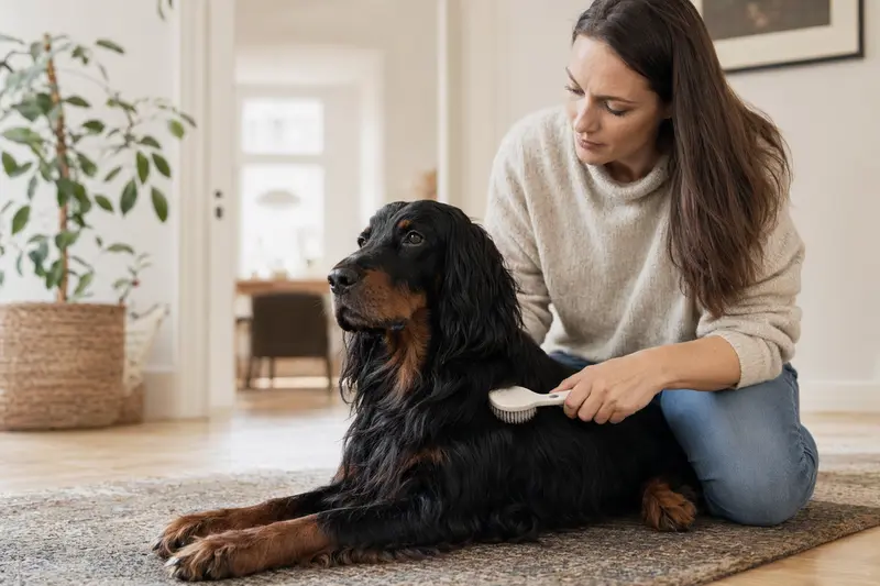Ein Gordon Setter wird in einer hellen Wohnung sanft gebürstet, während sein Besitzer liebevoll die Fellpflege übernimmt.