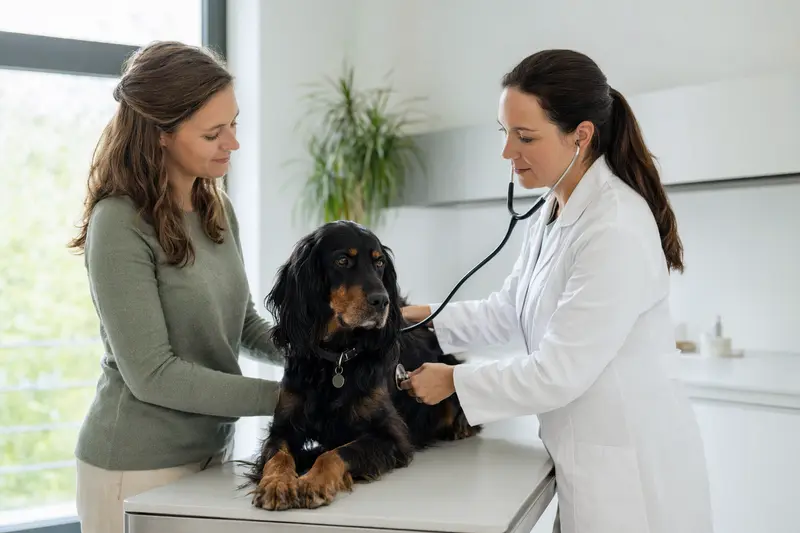 Ein Gordon Setter wird von einer freundlichen Tierärztin auf einem Untersuchungstisch in einer modernen Tierarztpraxis untersucht.
