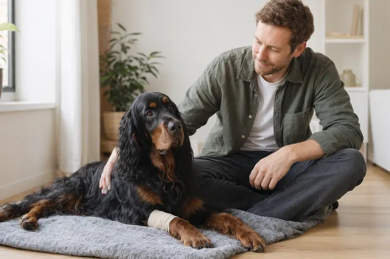 Ein Gordon Setter liegt entspannt auf einer Decke mit einem leichten Verband an der Pfote, während sein Besitzer erleichtert neben ihm sitzt.